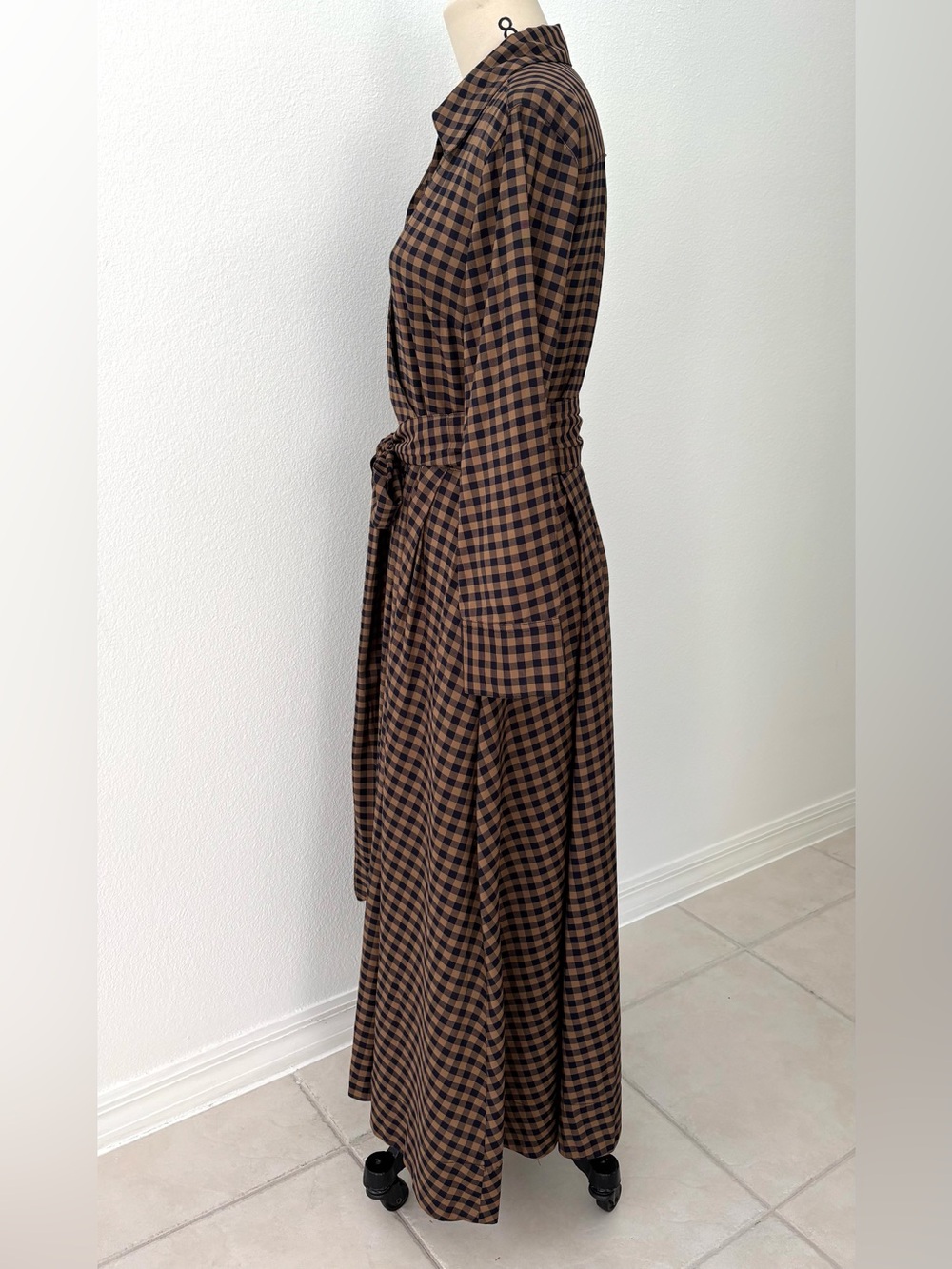 Zara ZW Collection Plaid Midi Shirt Dress NWT Navy Tan Long Sleeves L - Picture 4 of 8